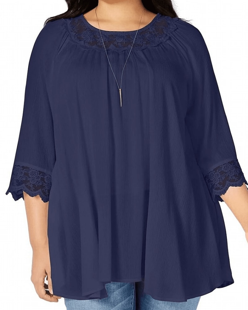 Front of a model wearing a size 1X NY Collection Women's Plus Knit Embroidered Mesh Top Blue Size 1X in Blue by NY Collection. | dia_product_style_image_id:311236